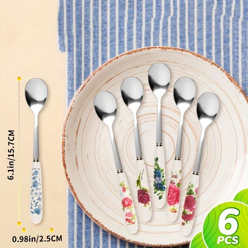 6pcs Set of Elegant Tableware Stainless Steel Coffee Spoon Dessert Spoon Ceramic Handle Sui