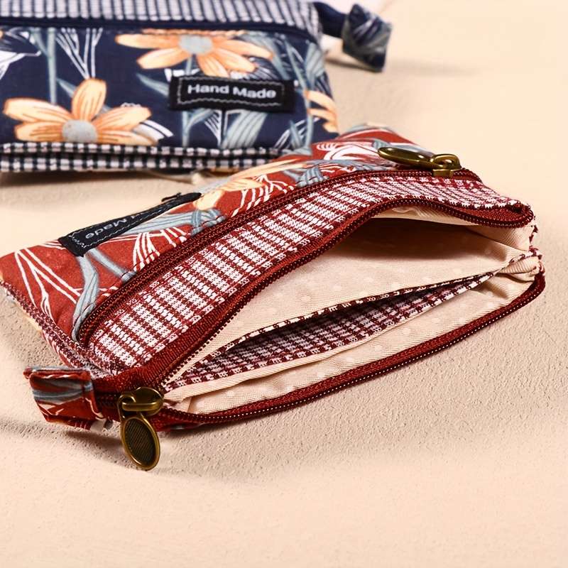 1pc Vintage Style Canvas Coin Purse for Women Handmade Multi-Layer Small Wallet Fashionable F