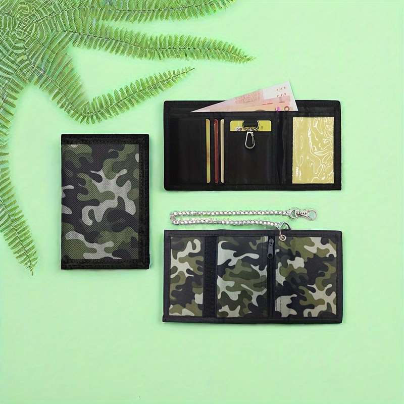 1pc Men'S Camouflage Green Nylon Wallet Casual Style Triple Fold Coin Purse with ID Card Holder a