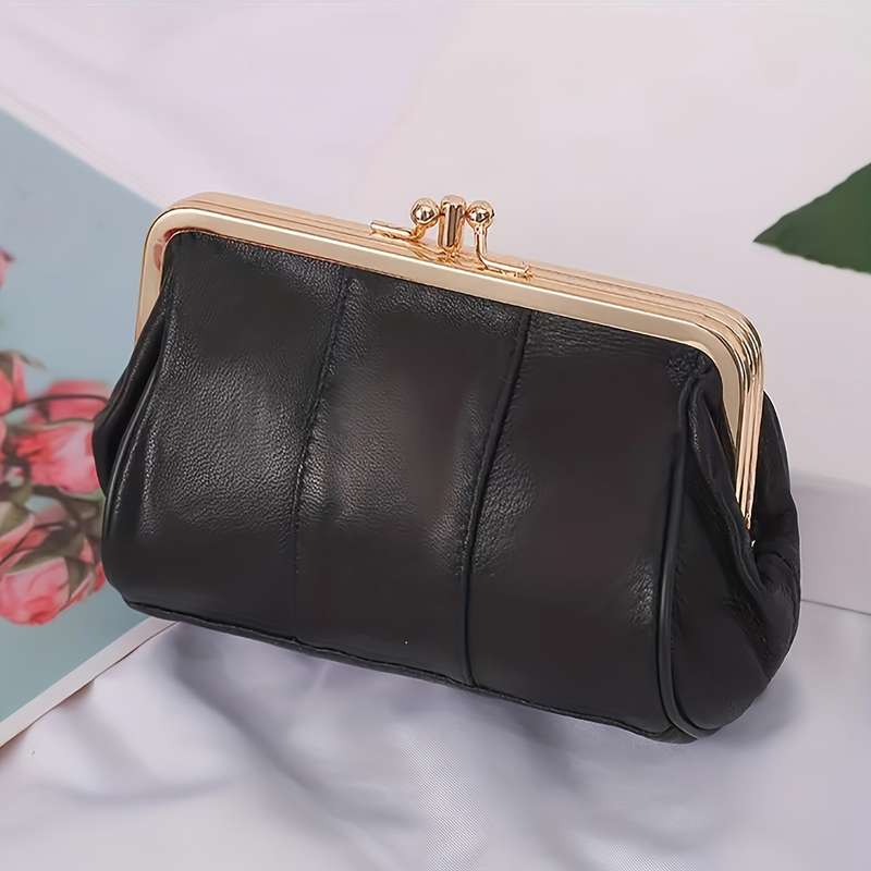 1pc Small Elegant Leather Coin Purse Elegant Ladies Leather Clutch Coin Purse with Kiss Lock Fur