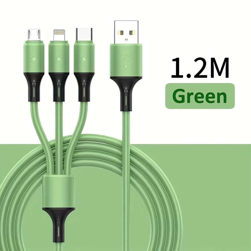 1pc 3-in-1 Macaron Charging Cable with Type-C Micro USB-C Silicone Matte Round Cable Male to