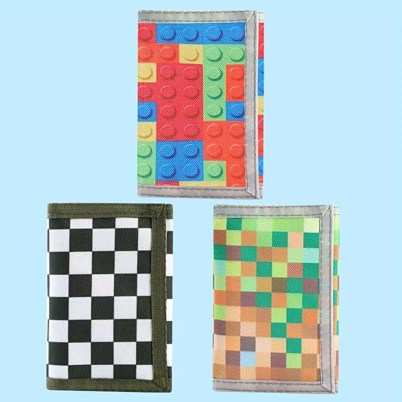 1pc Three-fold camouflage wallet with keychain black and white plaid design small foldable coin b