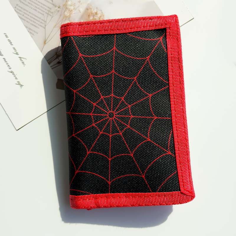 1pc Spider Web Design Trifold Wallet for Teens Stylish Cartoon Print Durable Polyester Large Ca