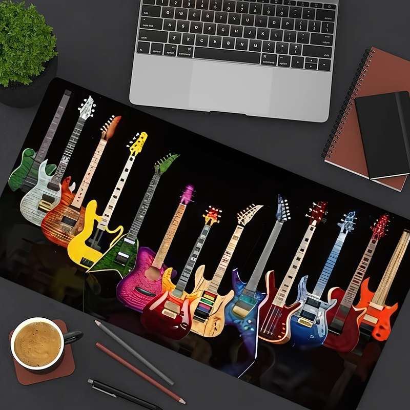 1pc Large Electric Guitar-Themed Mouse Pad Waterproof Non-Slip Rubber Base with Stitched Edges f