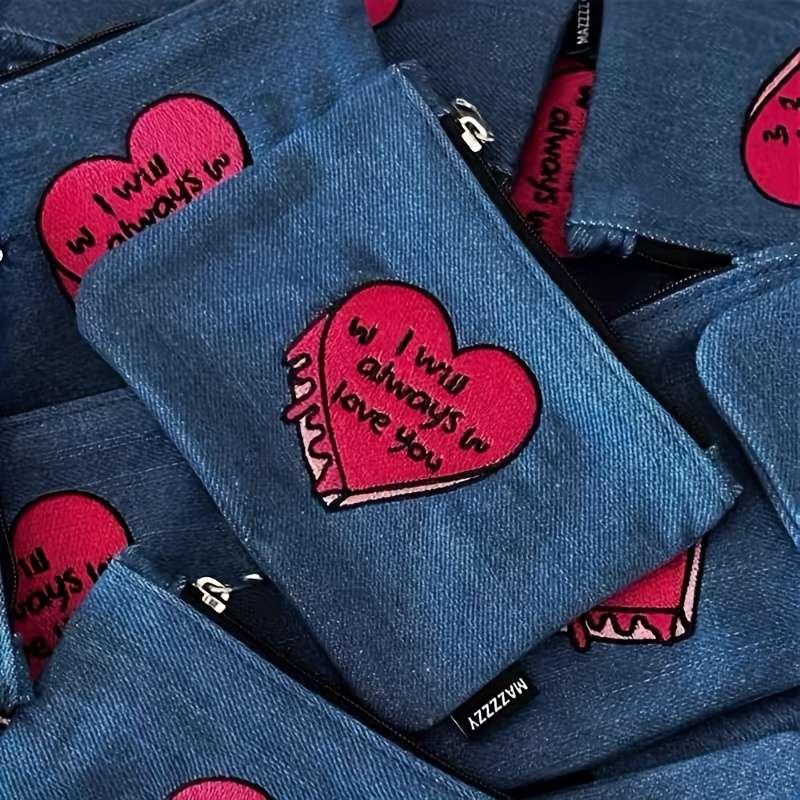 1pc Denim Coin Purse with Heart Design "I Will Always Love You" Embroidery Zippered Denim Wallet