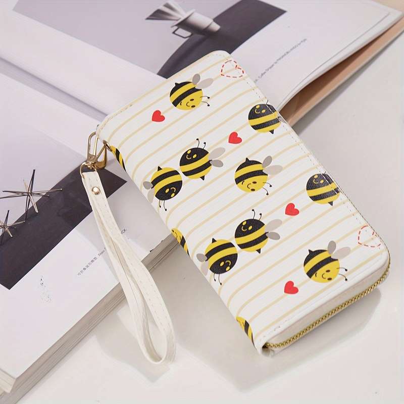 1pc Chic Bee Print Long Wallet for WomenFashionable Zippered Clutch with Multiple Card Slots La
