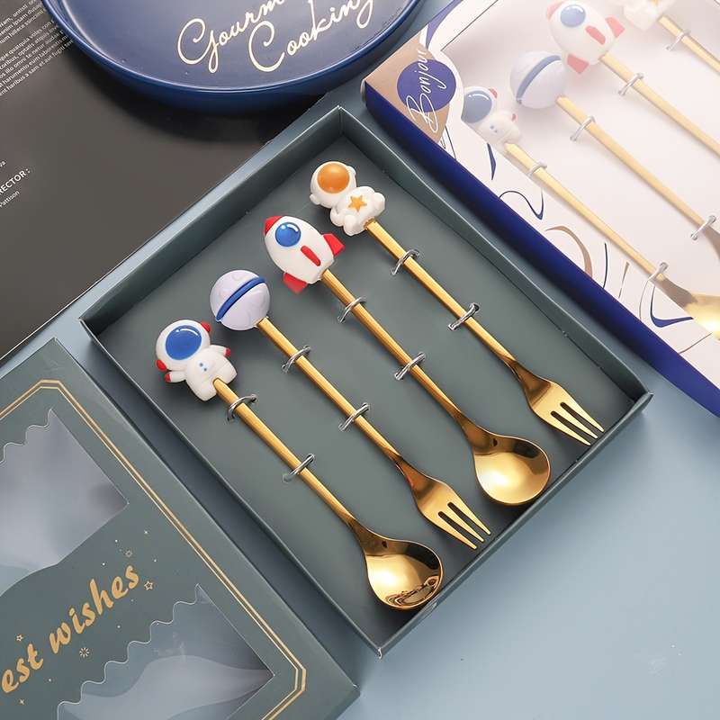 4pcs Gift Box Cartoon Spoon Stainless Steel Spoon Fork Watermelon Doll Animal Dessert Fruit Spo