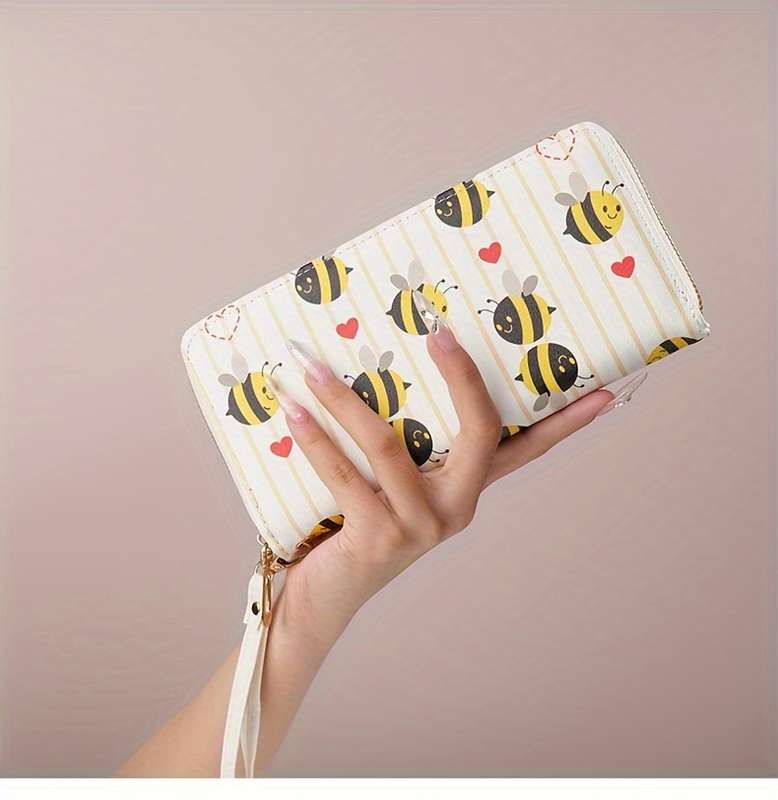 1pc Chic Bee Print Long Wallet for WomenFashionable Zippered Clutch with Multiple Card Slots La