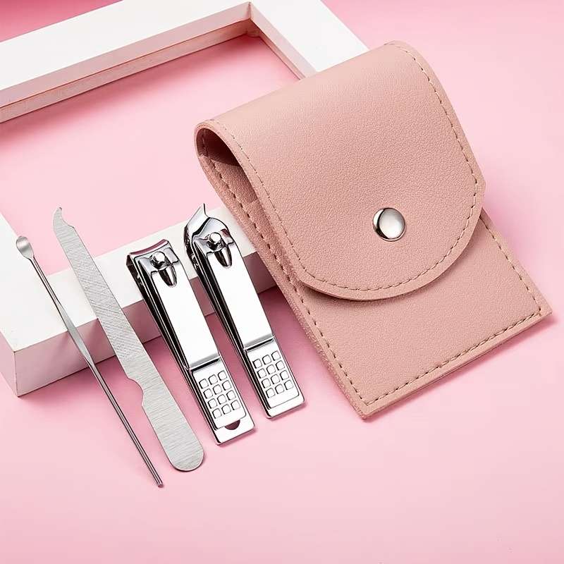 4pcs Professional Travel Colorful Nail Clippers Manicure Set with Leather Bag Stainless Steel N