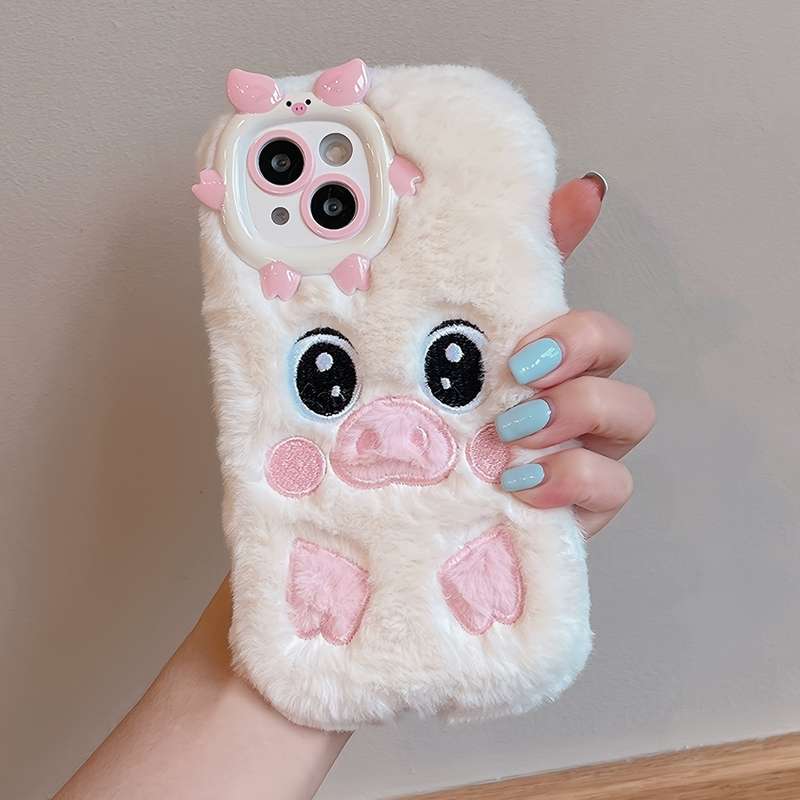 1Pc White For iPhone 15 Plus Cute Plush Piggy Phone Case