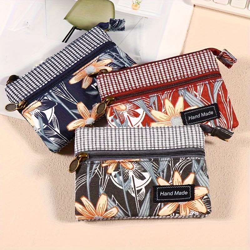 1pc Vintage Style Canvas Coin Purse for Women Handmade Multi-Layer Small Wallet Fashionable F