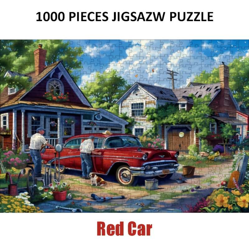1000pcs Vintage Red Car Jigsaw Puzzle Artistic Paper Puzzle with Charming Neighborh