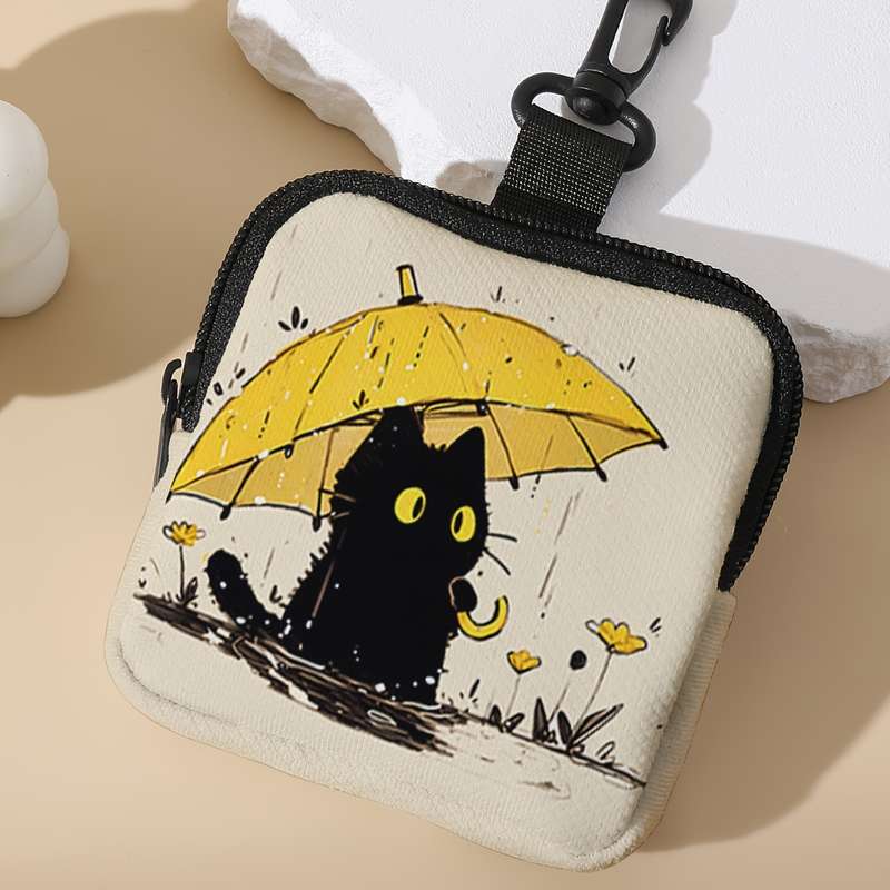 1pc Contemporary Black Cat with Umbrella Polyester Coin Purse Large Capacity Zippered Multi-Functi