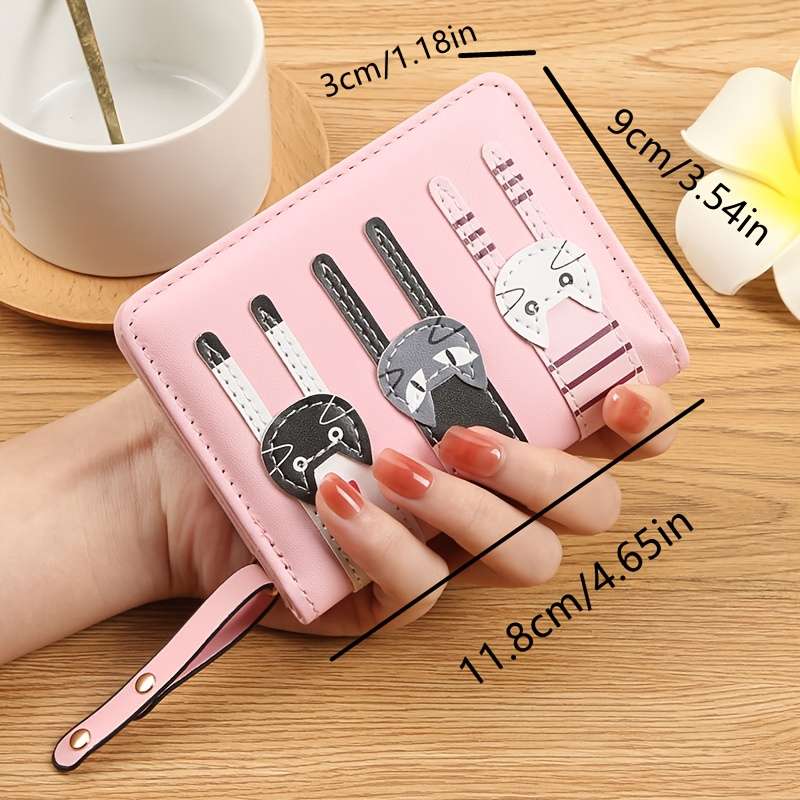 1pc Cute Cartoon Cat Design Synthetic Leather Wallet for Women Casual Style Bi-fold with Snap