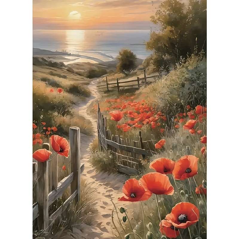 1000pcs Scarlet Horizon Mini Jigsaw Puzzle 26x38cm Coastal Landscape with Red Popp