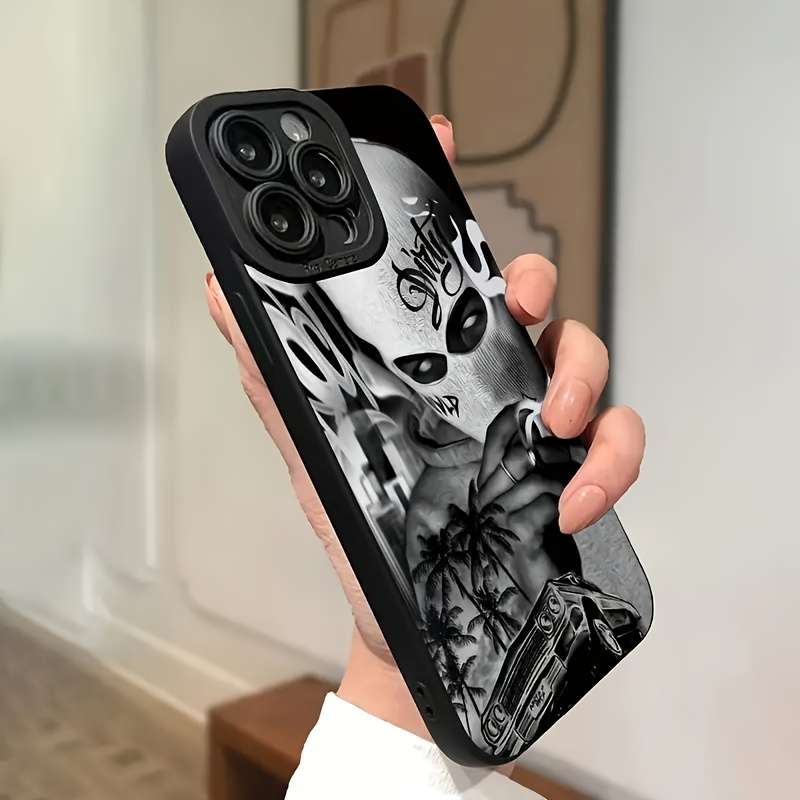 1Pc Black For iPhone 15 Plus White Skull Phone Case