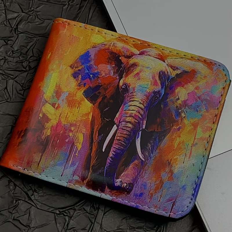 1pc Elephant Print Bifold Wallet for MenFaux Leather Card Coin Holder Machine WashablePer