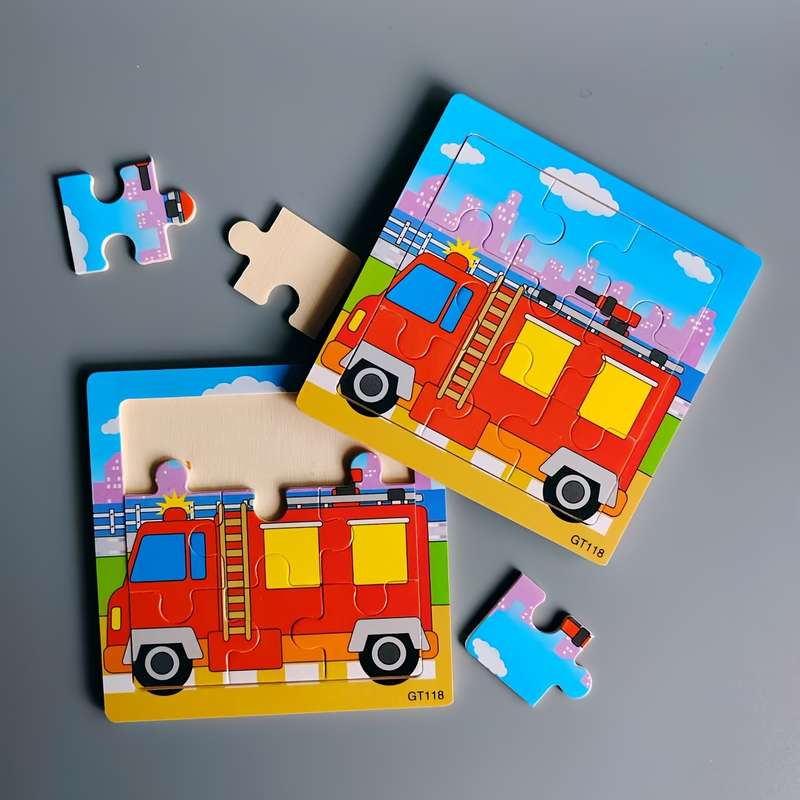 1pc Wooden Puzzles Means of Transportation Puzzles Wooden Fire Fighting Truck Puzzle