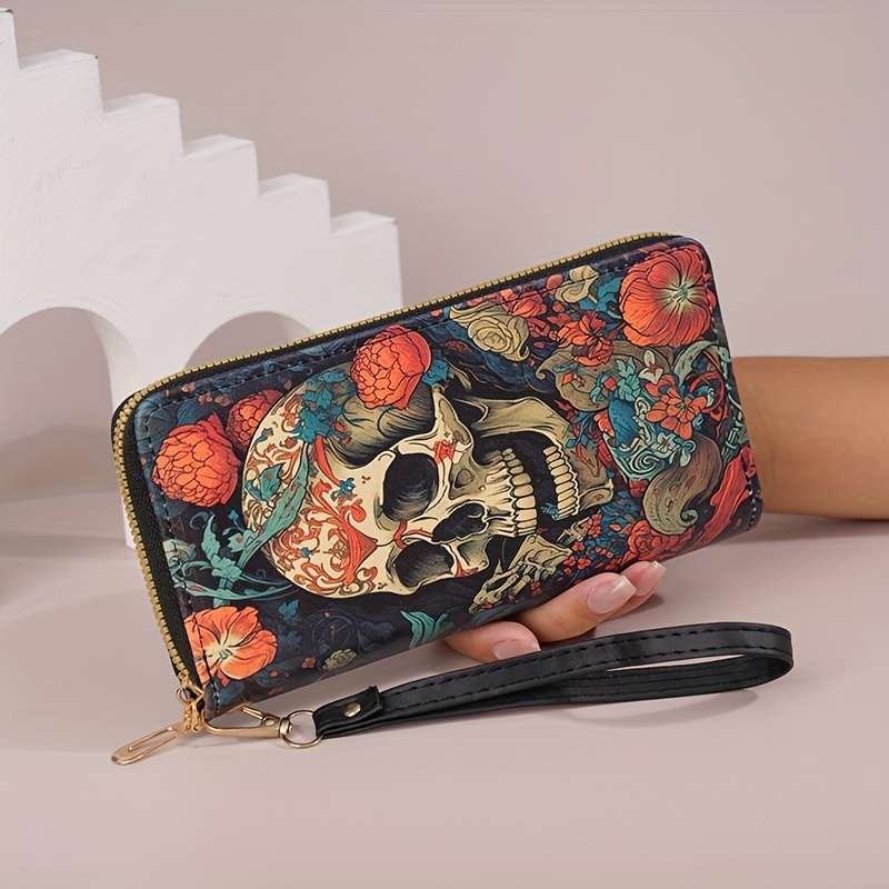 1pc Advanced Retro Halloween Wallet for Women 2024 New Fashionable Texture Pumpkin Skull Wallet Lon