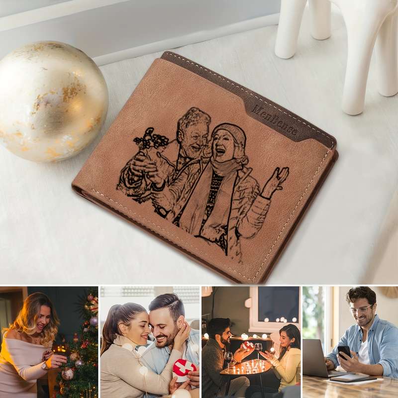1pc Vintage Style Custom Photo Wallet Personalized Engraved Picture Name with Zipper Closur