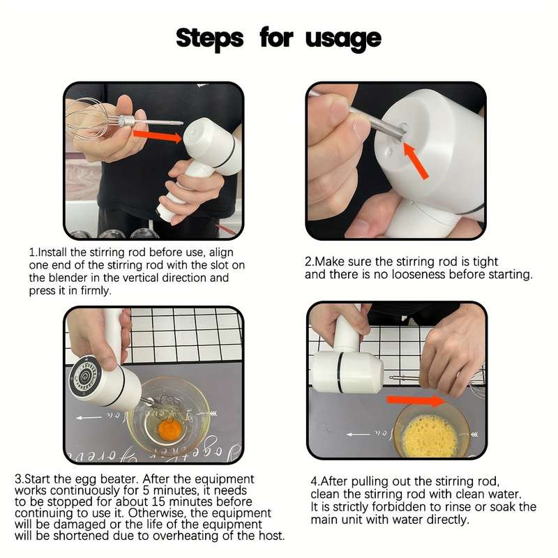 1pc USB Rechargeable Cordless Hand Mixer 3-Speed Electric Whisk with Stainless Steel Beaters