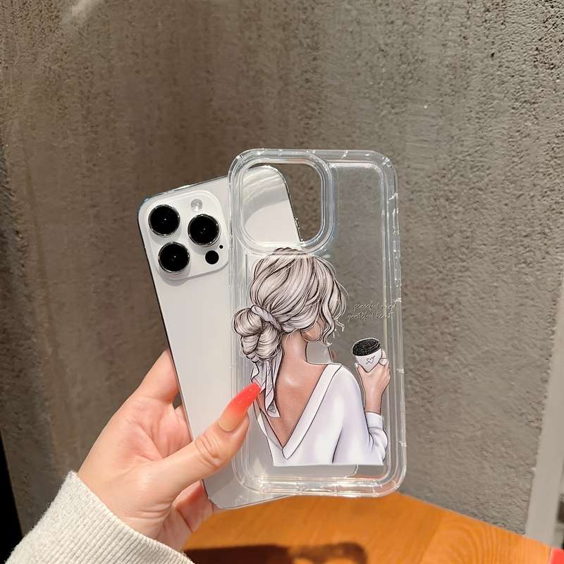 1Pc Transparent For iPhone 13 Pro Max Coffee Girl Phone Case