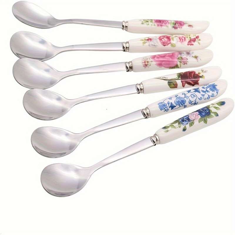 6pcs Set of Elegant Tableware Stainless Steel Coffee Spoon Dessert Spoon Ceramic Handle Sui