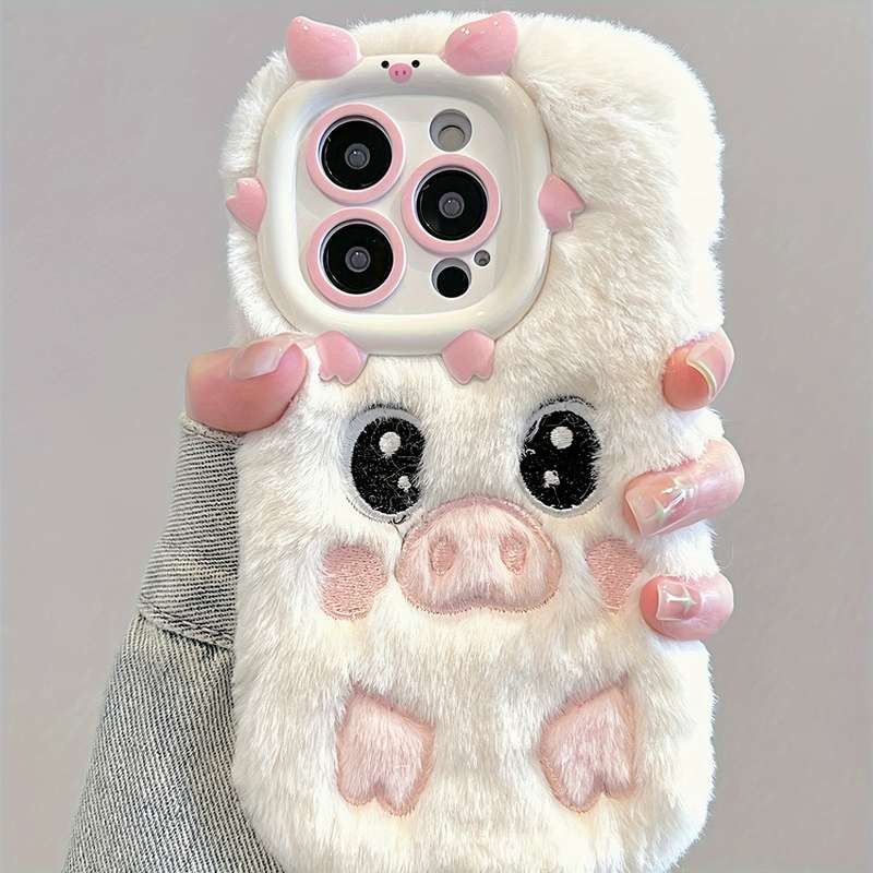 1Pc White For iPhone 15 Plus Cute Plush Piggy Phone Case