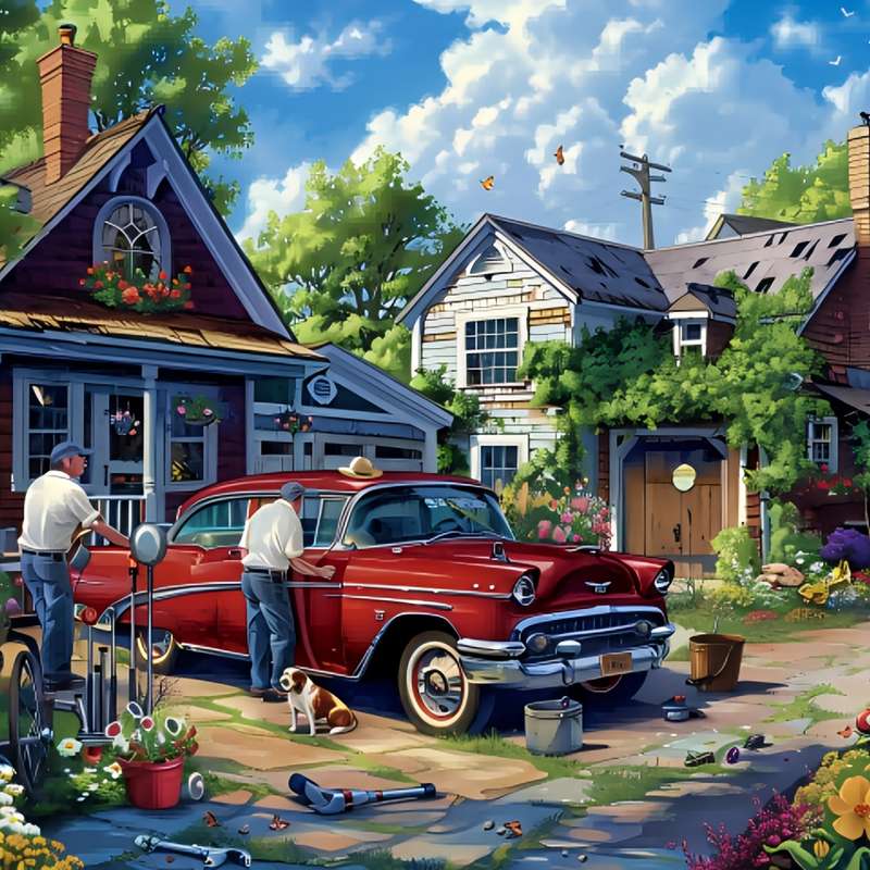 1000pcs Vintage Red Car Jigsaw Puzzle Artistic Paper Puzzle with Charming Neighborh