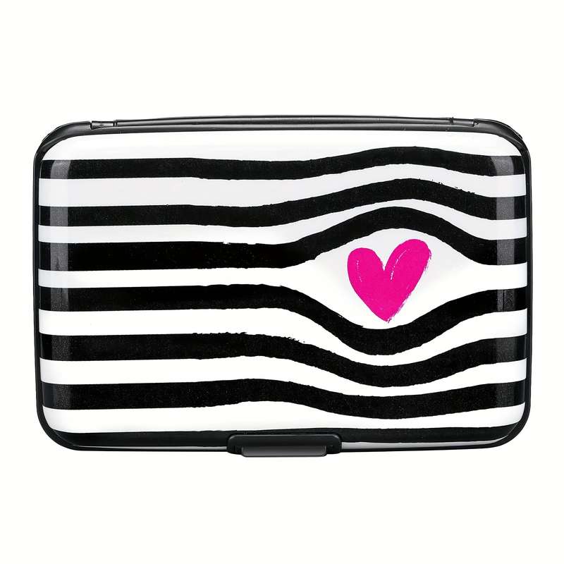1pc RONG REN HUI Mini RFID Blocking Wallet Black and White Striped Heart Design Compact Metal Ca