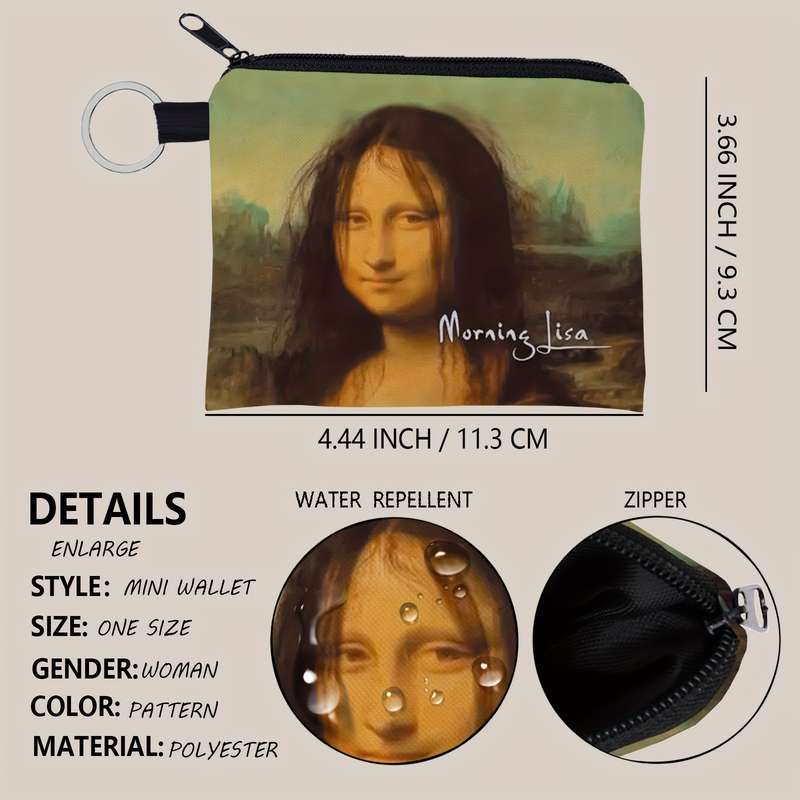 1pc Sweet Unicorn Mona Lisa Printed Zipper WalletCompact Lightweight Change Purse with Poly