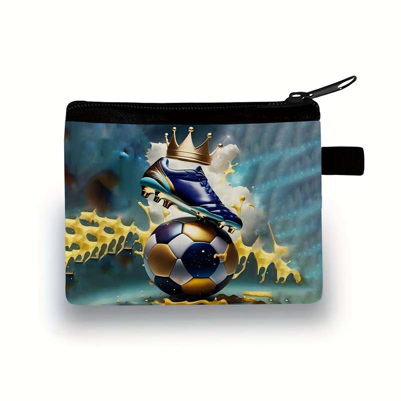 1pc Soccer Crowned Ball Printed Polyester Coin Purse Neutral Style Durable Hand Washable No Edg