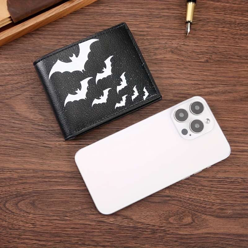 1pc Festive Black Leather Bifold Wallet with White Bat PrintPU Leather Casual Style Animal Pat