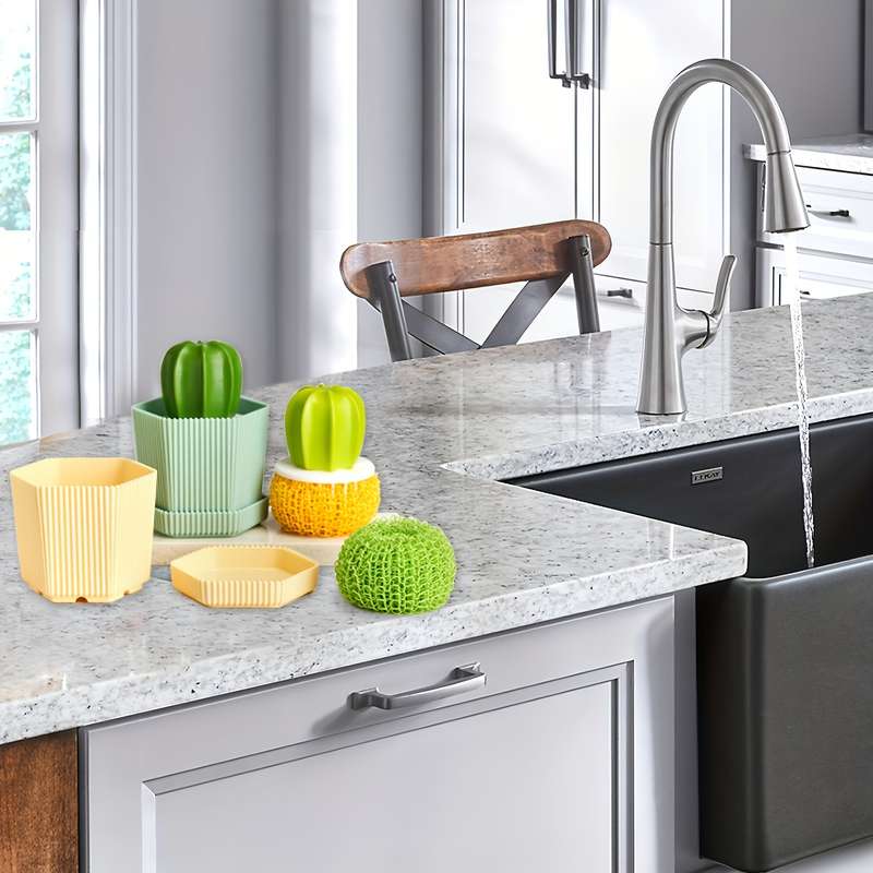 2pcs set Cactus Dish Brushes with Drain Tray Soft Bristle Non-Electric Kitchen Scrubbers for