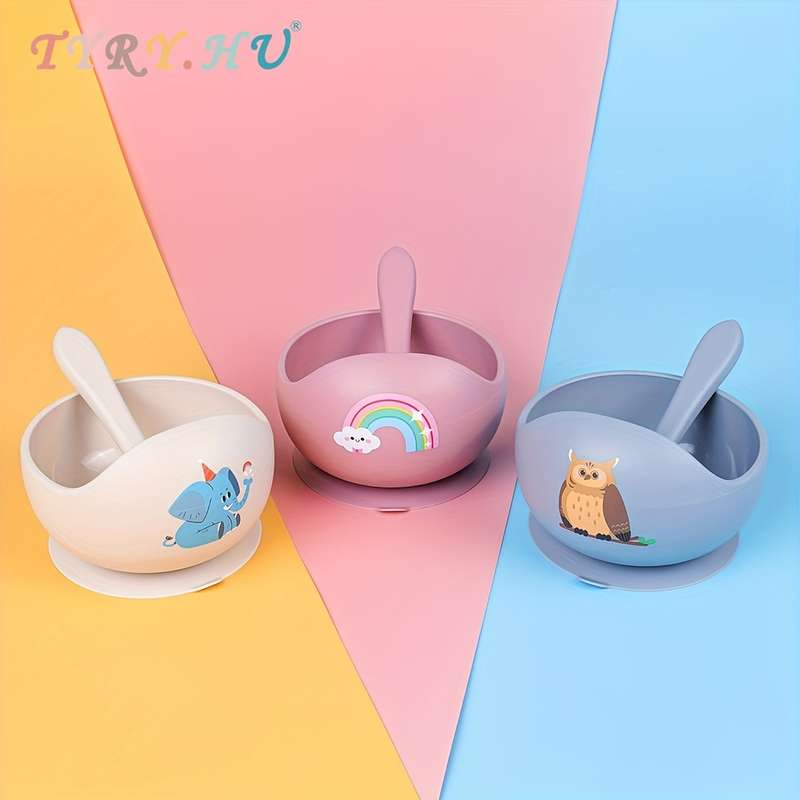 2pcs Silicone Set with Spoon for Babies Kids Toddlers Baby Led Weaning Food Plates First