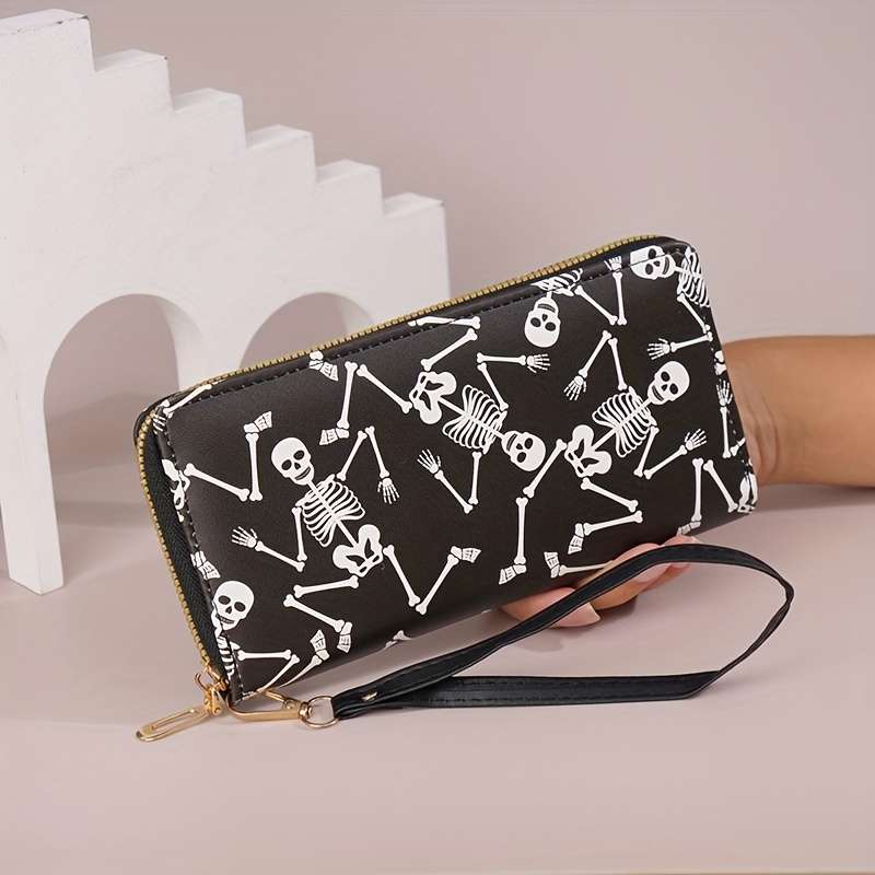 1pc Edgy Chic Gothic Skull Print Womens Wallet Stylish Large Capacity Zipper Closure Multi-Ca