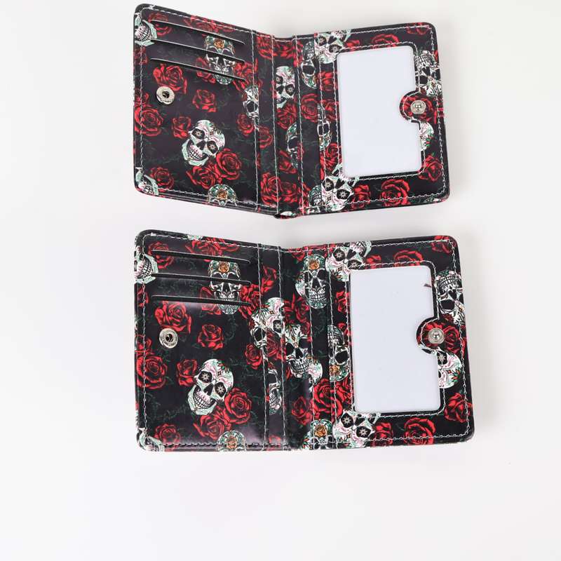 1pc Stylish Retro Skull Rose Compact Wallet for WomenVibrant Pink White Red Durable PU with P