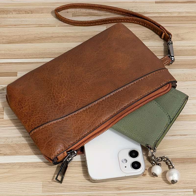 1pc Man'S Retro Style Clutch Bag With Zipper Wristlet Clutch Purse Cell Phone Wallet Handbag W