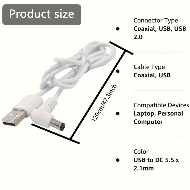 1pc USB 2.0 A Male to DC 5.5x2.1mm Barrel Jack Charging Cable Lightweight Design White 47.3
