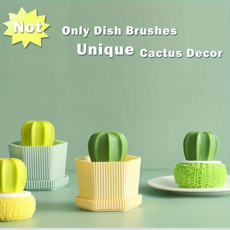 2pcs set Cactus Dish Brushes with Drain Tray Soft Bristle Non-Electric Kitchen Scrubbers for