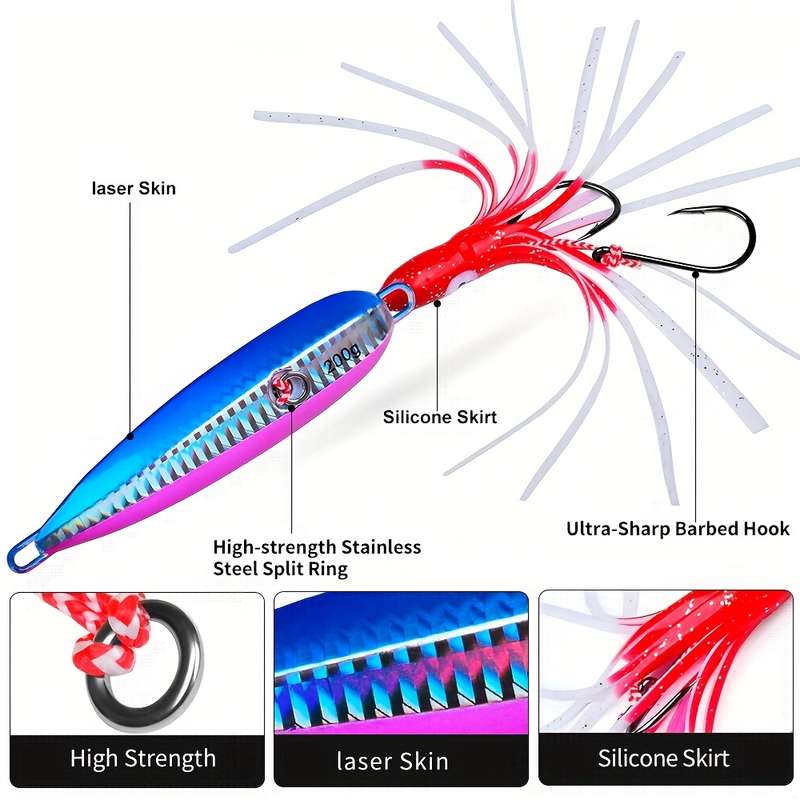 1pc 100g Glow-in-the-Dark Slow Pitch Jigging Lure with Silicone Skirt Dual Hooks