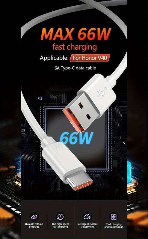 1pc Type-C Data Cable 100cm Round PVC USB Charging Matte Finish 6A Fast Charging 36V >80