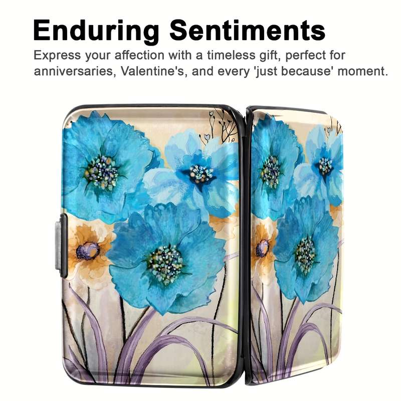 1pc Vintage Blue Flower Mini RFID Metal Wallet with Buckle ClosureBi-Fold Design Polyurethane L