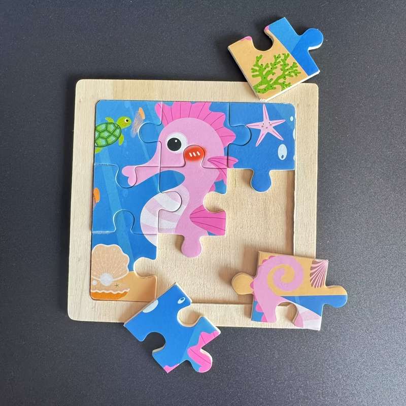 1pc Ocean-Themed Wooden Puzzle Board with Colorful Marine Life Pieces Educational T