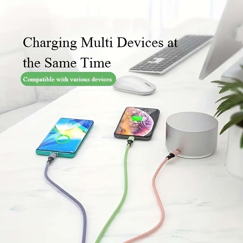 1pc 3-in-1 Macaron Charging Cable with Type-C Micro USB-C Silicone Matte Round Cable Male to