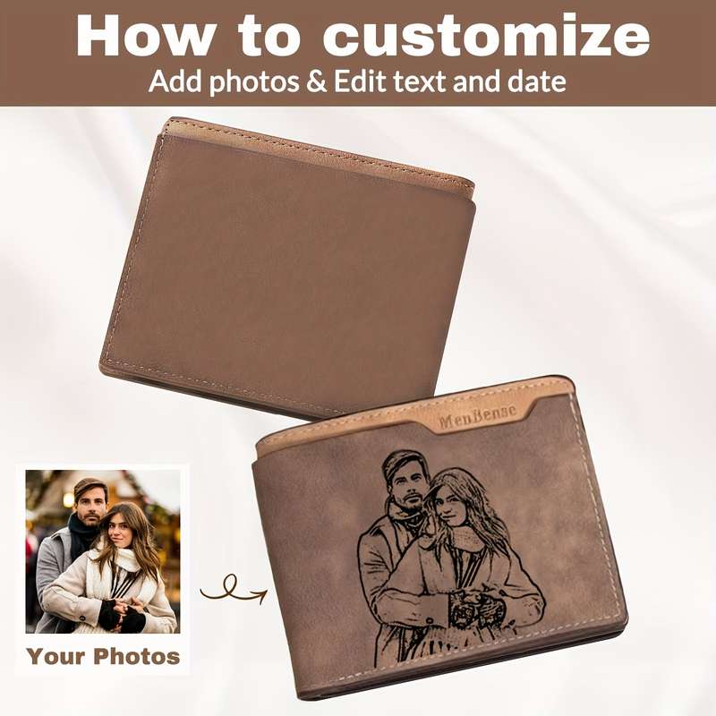 1pc Vintage Style Custom Photo Wallet Personalized Engraved Picture Name with Zipper Closur