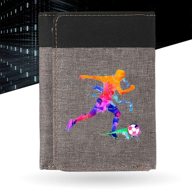 1pc Men'S Casual Canvas Wallet with Football Player Design Color Block Double-Fold Multi-Car
