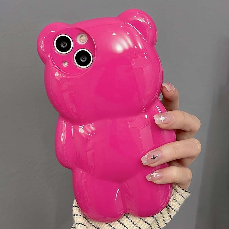 1Pc Rose Red For iPhone 13 3D Hot Pink Bear Phone Case