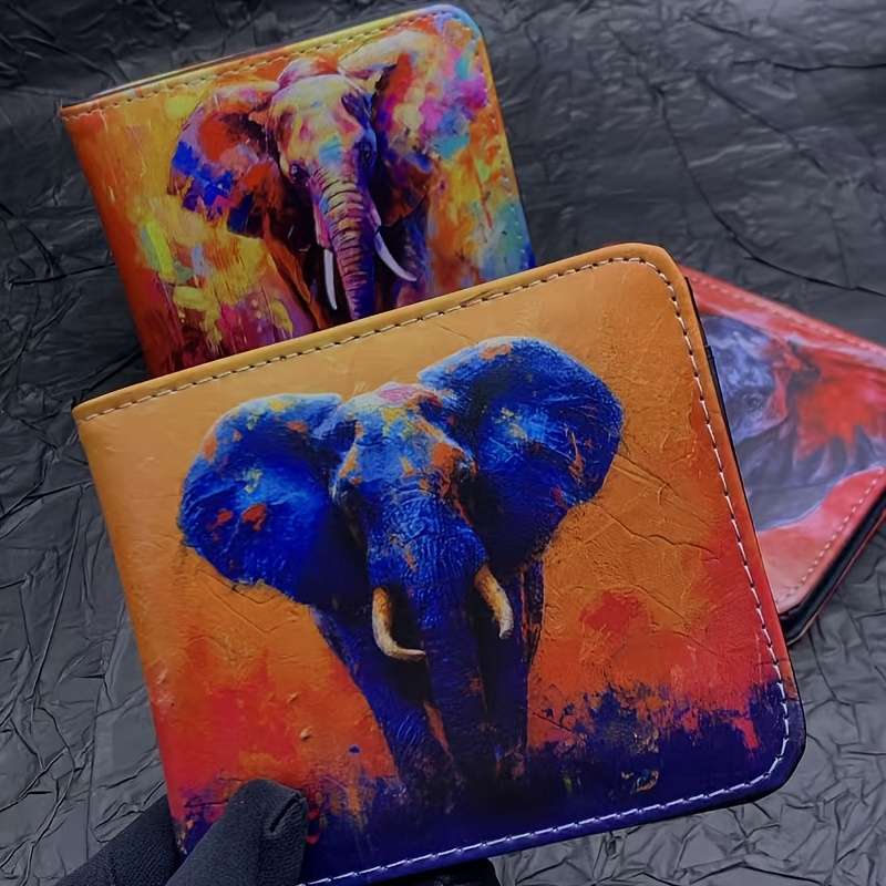 1pc Elephant Print Bifold Wallet for MenFaux Leather Card Coin Holder Machine WashablePer