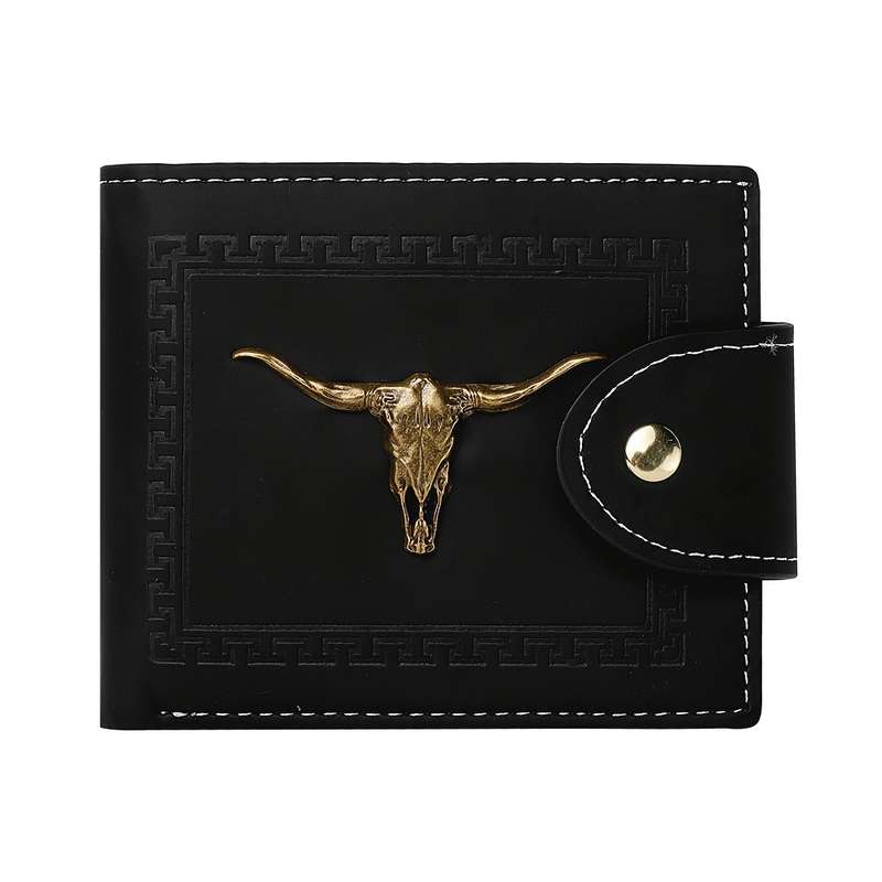 1pc Men's Premium Black Wallet with Golden Geometric Skull Design Embossed Court Style Multiple